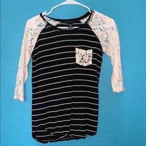Black & White Stripped Shirt w/ Lace Pocket & slee